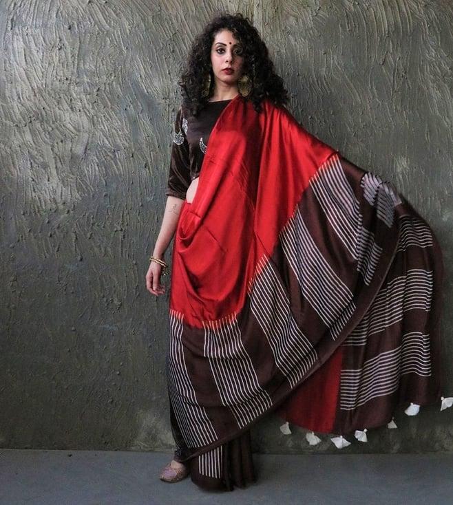 chidiyaa red & brown block printed modal silk saree