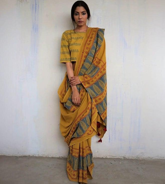 chidiyaa mustard block printed god saree