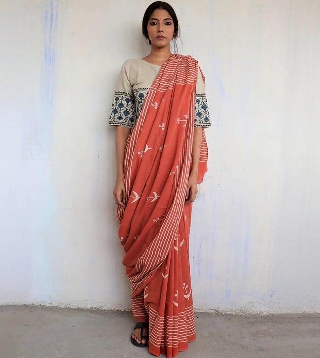 chidiyaa rust striped god saree