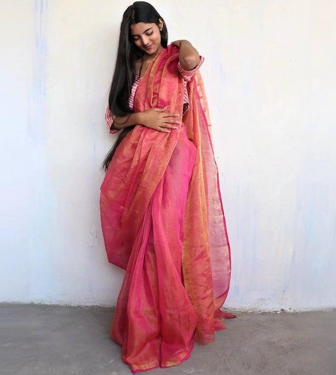 chidiyaa rose pink handwoven melting moon zari saree