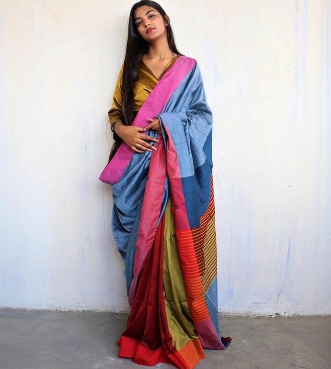 chidiyaa blue & red striped handwoven holi saree