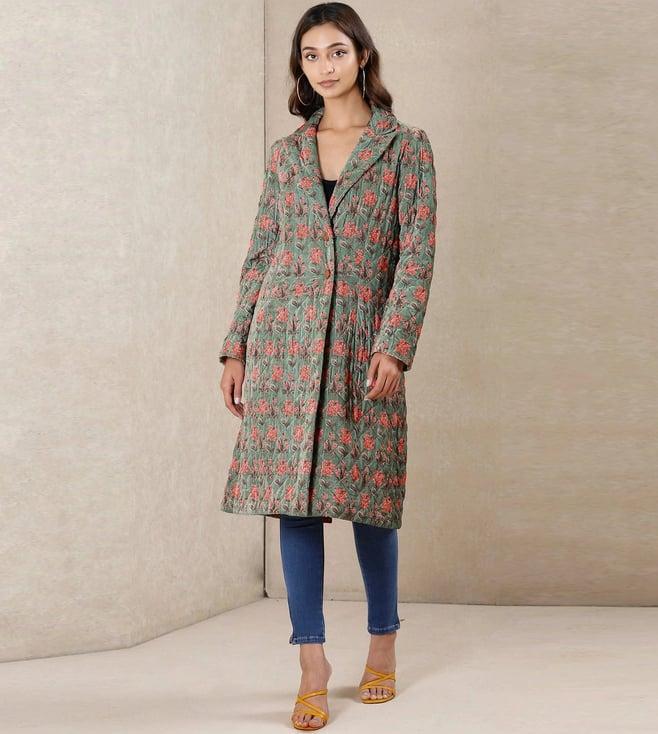 ritu kumar green printed velvet jacket