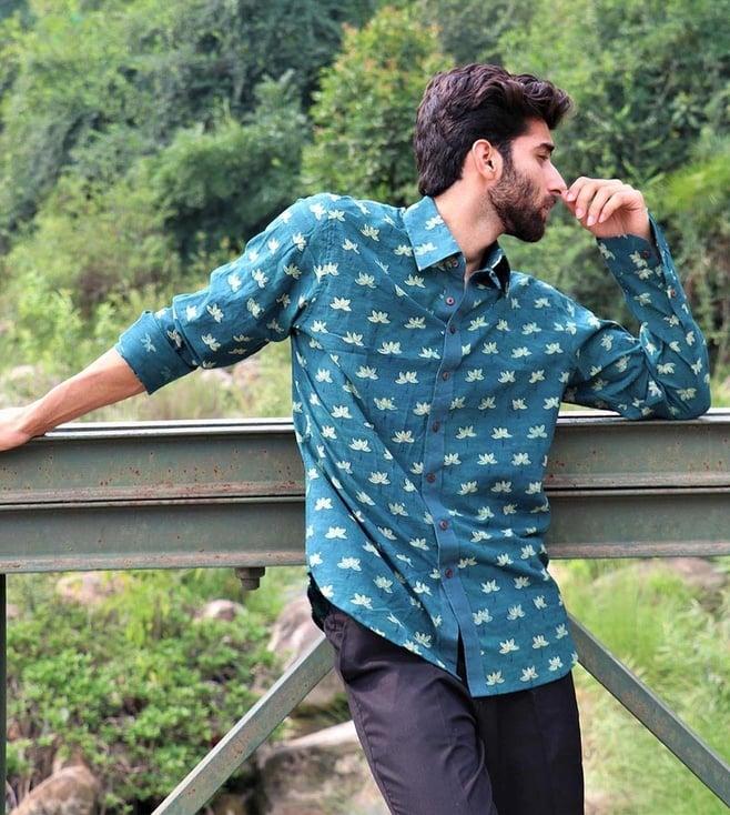 chidiyaa forest green block printed cotton shirt 2