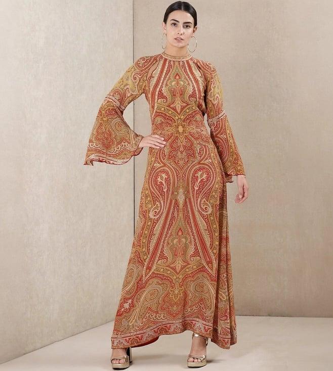 ritu kumar beige & red band collar full sleeve long dress