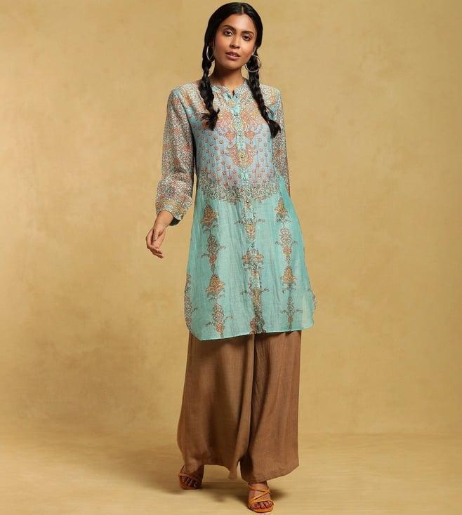 ritu kumar aqua printed long straight shirt