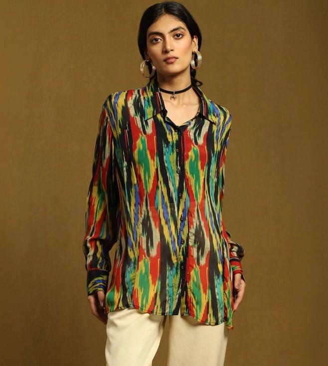 ritu kumar black ikat print shirt with inner