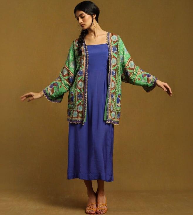 ritu kumar green & blue dress with printed shrug