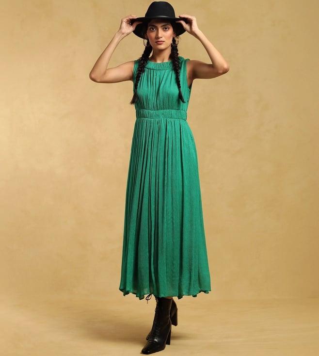 ritu kumar green crinkled long dress with cinched waist