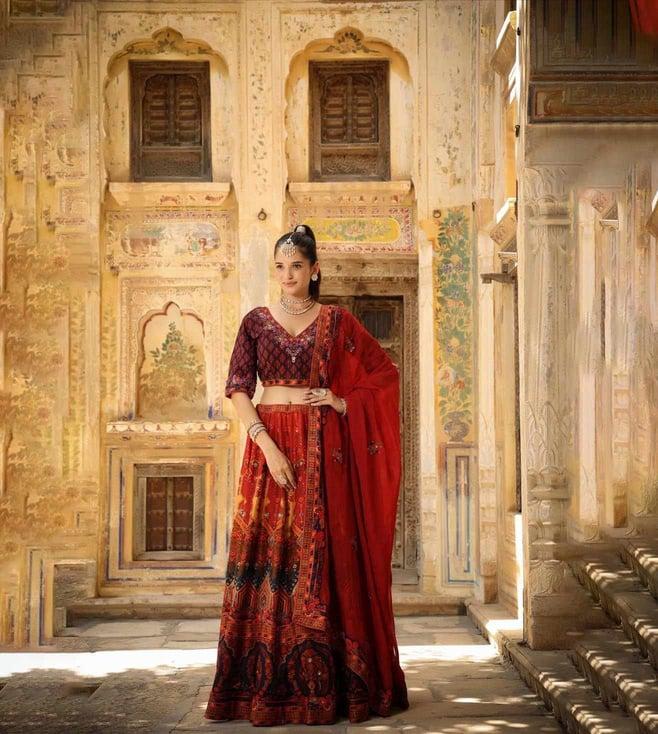 scakhi maroon raw silk ethnic motifs print with embroidered lehenga with choli and dupatta