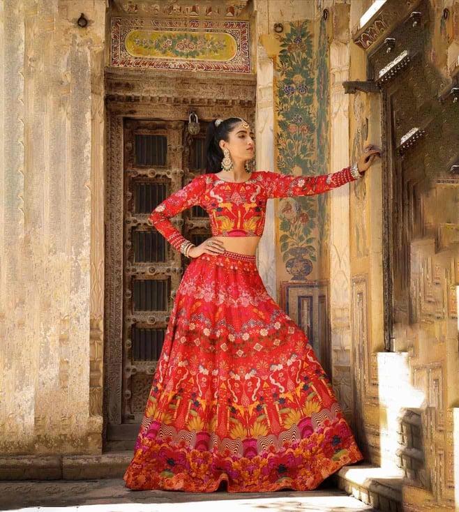 scakhi red raw silk print with embellishment lehenga with choli