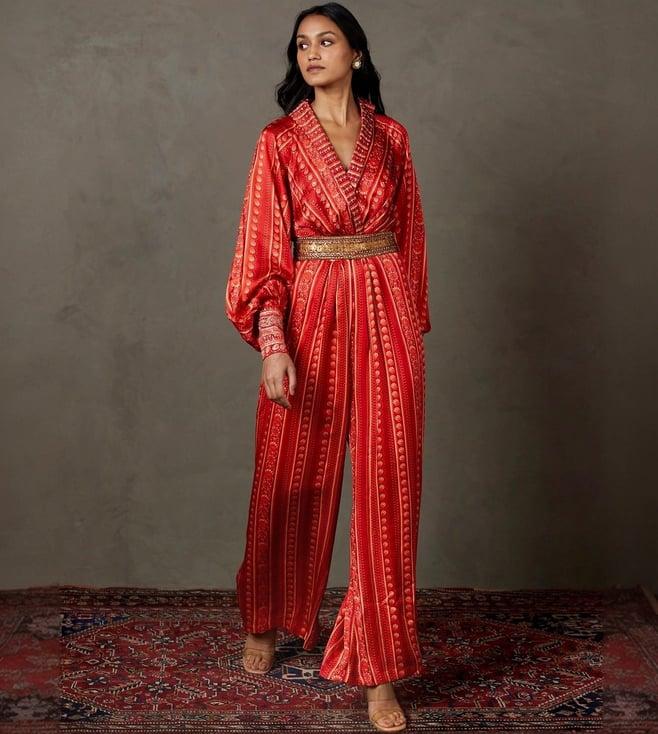 ri.ritu kumar red kumar villa embroidered jumpsuit