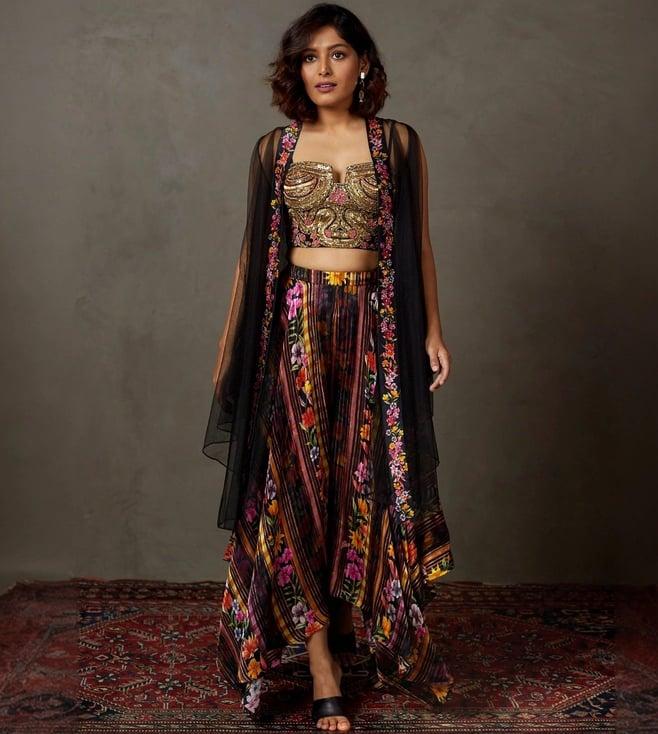 ri.ritu kumar black & multi kumar star olivia floral embroidered ensemble blouse and cape and pant