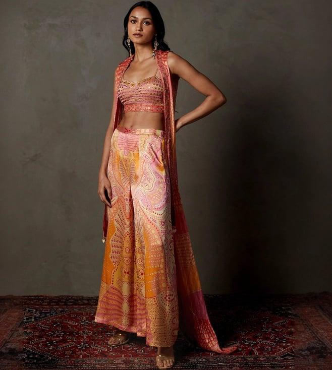 ri.ritu kumar peach & amber kumar petunia embroidered ensemble blouse with cape and pant