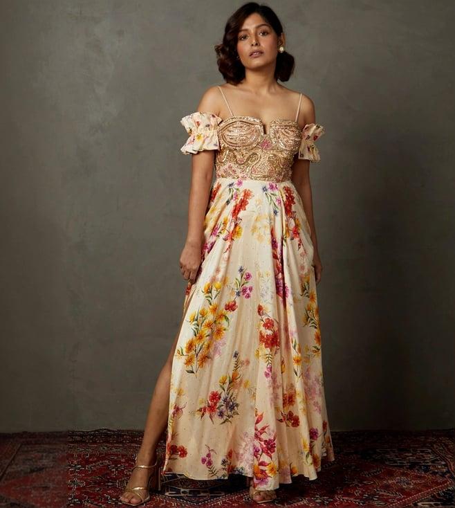 ri.ritu kumar off white & multi kumar star olivia floral embroidered gown