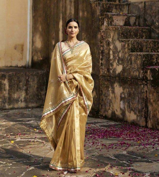 geroo jaipur golden banarasi tissue handcrafted gota patti saree