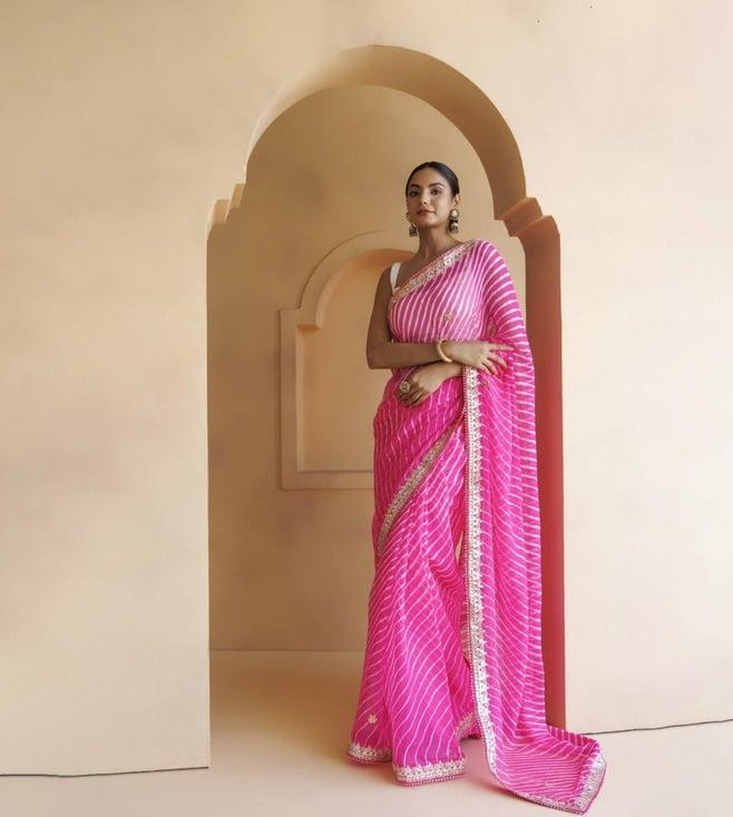 geroo jaipur pink pure georgette hand embroidered gota patti leheriya mothra saree