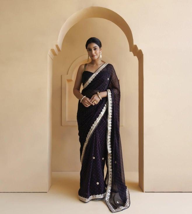 geroo jaipur black pure georgette hand embroidered gota patti leheriya mothra saree