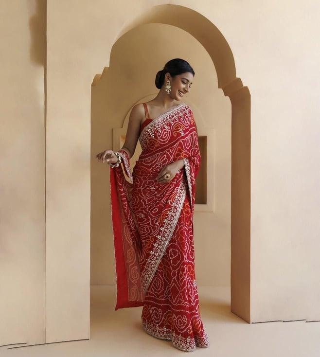 geroo jaipur red pure georgette hand embroidered gota patti bandhani saree