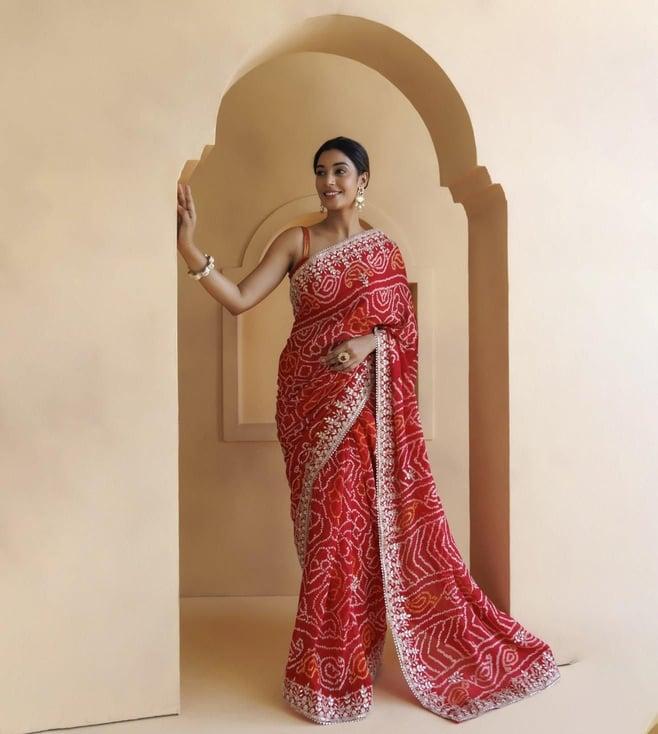 geroo jaipur red pure georgette hand embroidered gota patti bandhani saree