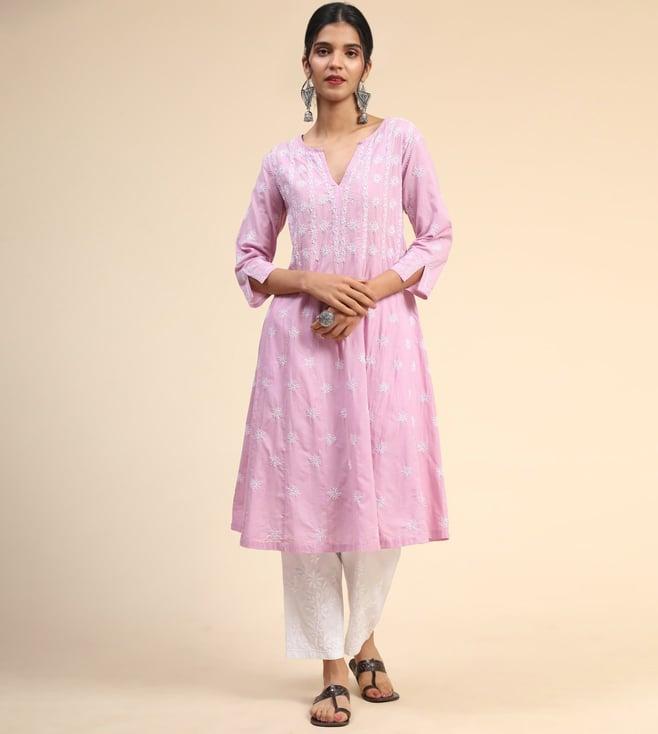 house of kari noor chikankari hand embroidery anarkali dress in cotton lavender