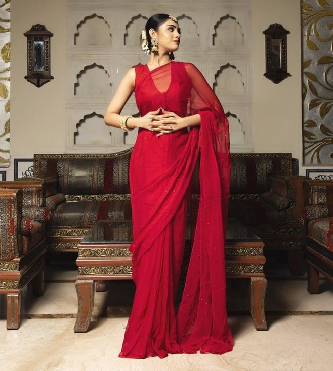 calmna valentine red pure chiffon saree