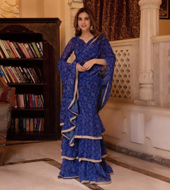 calmna pearl blue bhandhej ready to drape saree