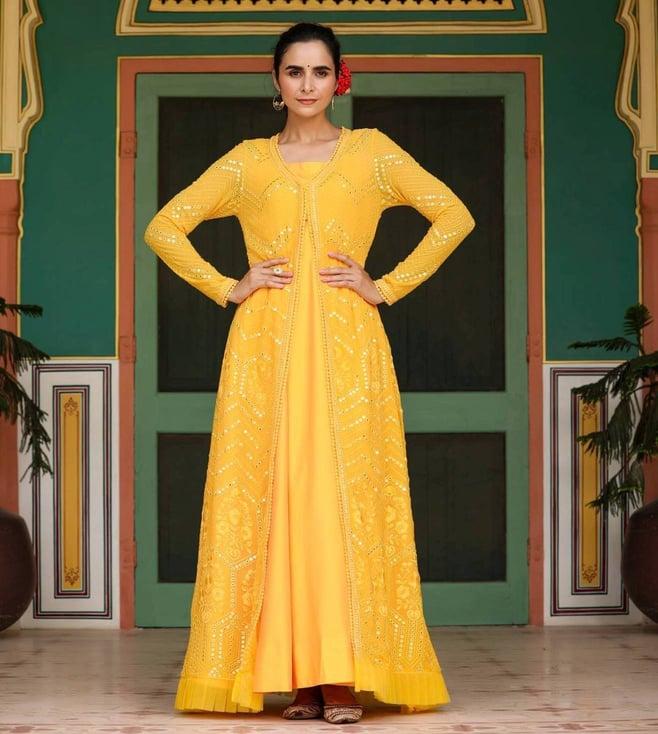 gillori tellow haldi chandan mirror work dress