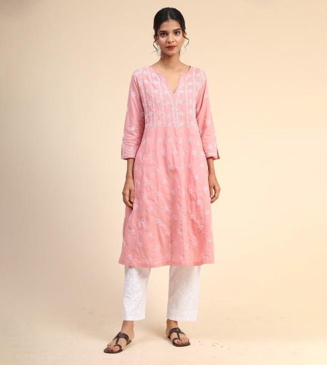 house of kari noor chikankari hand embroidery anarkali dress in cotton pink