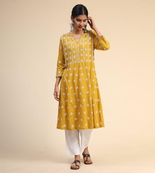 house of kari noor chikankari hand embroidery anarkali dress in cotton mustard