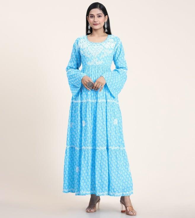 house of kari noor hand embroidered chikankari mul gown for women- sky blue