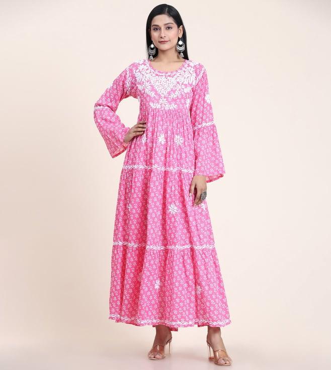 house of kari noor hand embroidered chikankari mul gown for women- hot pink