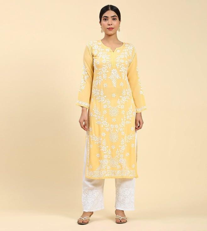 house of kari samma chikankari long kurti in modal cotton for women- yellow