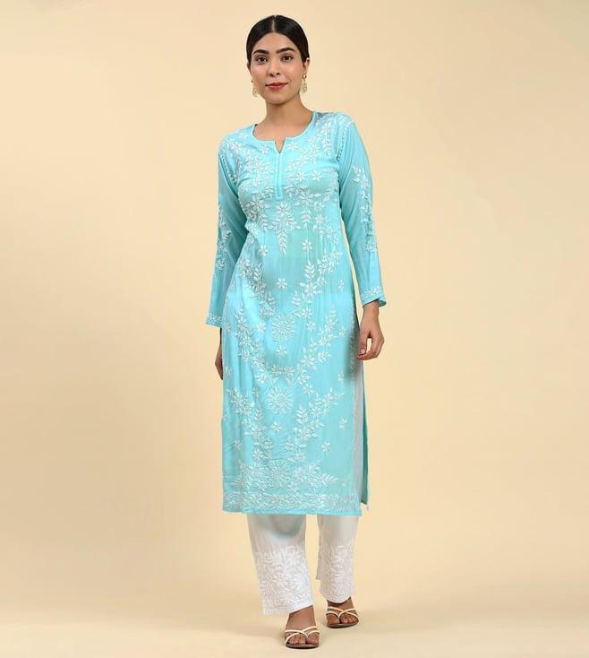 house of kari samma chikankari long kurti in modal cotton for women- blue