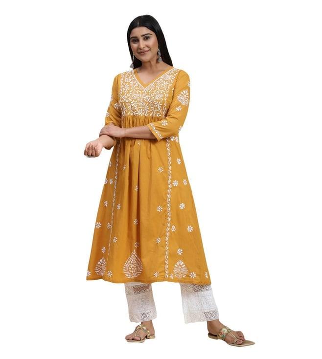 house of kari hok chikankari women long kurti mustard