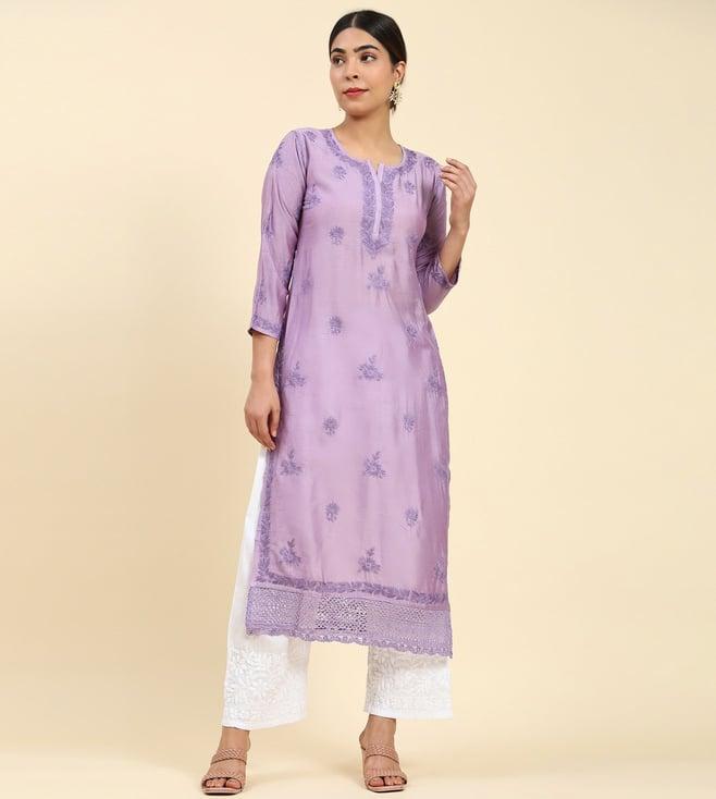 house of kari samma chikankari long kurta notch neck in chanderi silk for women - purple