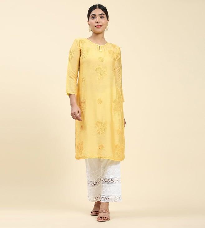 house of kari samma chikankari long kurta notch neck in chanderi silk for women - yellow