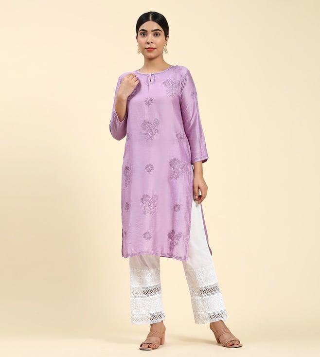 house of kari samma chikankari long kurta notch neck in chanderi silk for women - purple