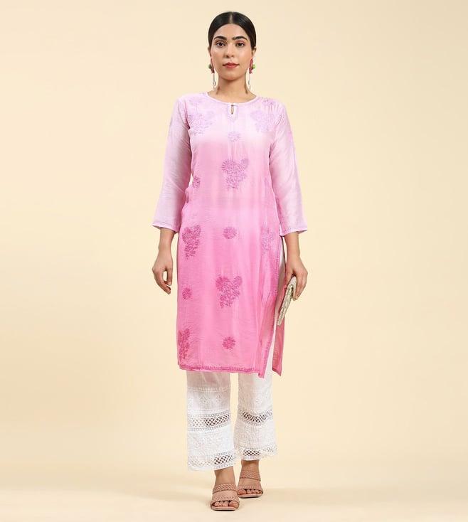 house of kari samma chikankari long kurta notch neck in chanderi silk for women - pink