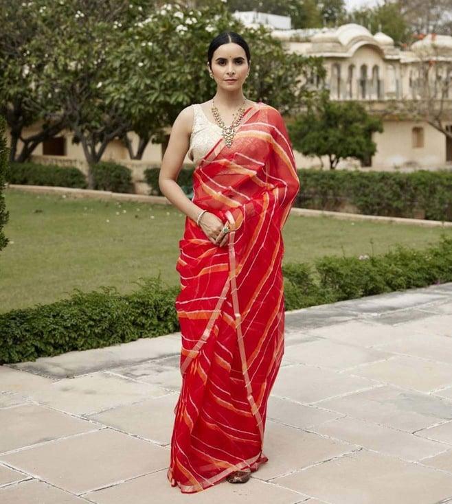 geroo jaipur red & orange pure kota silk hand dyed leheriya saree