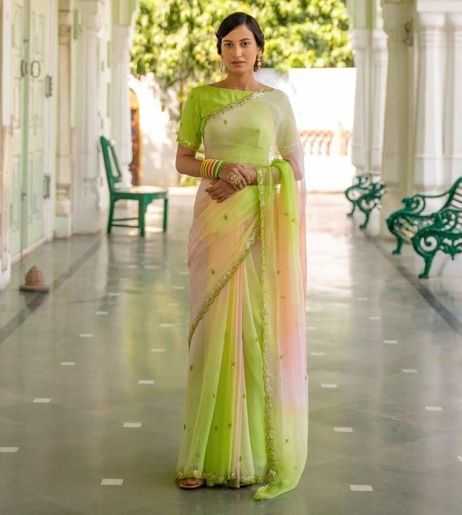 geroo jaipur multicolor hand embroidered mirror work chiffon saree