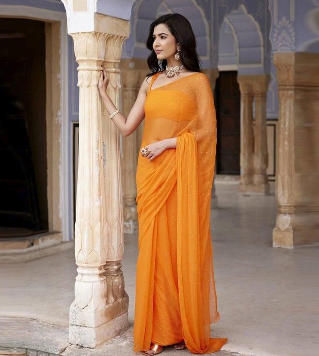 geroo jaipur orange hand embroidered mukaish chiffon saree