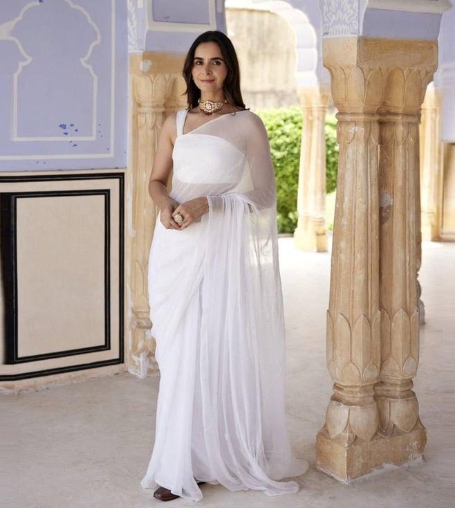 geroo jaipur white hand embroidered mukaish chiffon saree