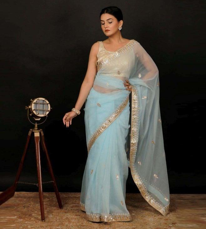 geroo jaipur sky blue handcrafted gota patti organza saree