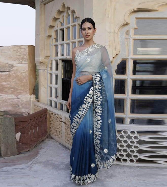 geroo jaipur blue grey shaded handcrafted gota patti organza saree