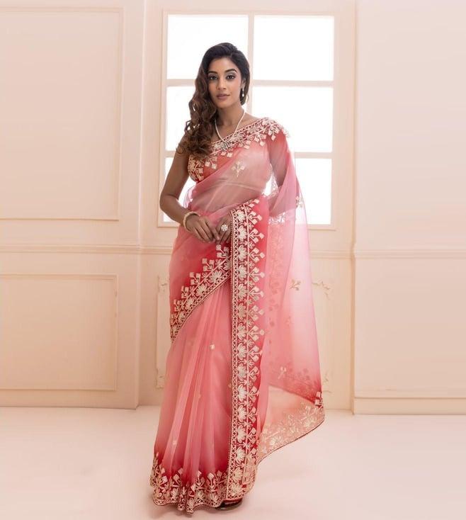 geroo jaipur peach & red shaded handcrafted gota patti organza saree