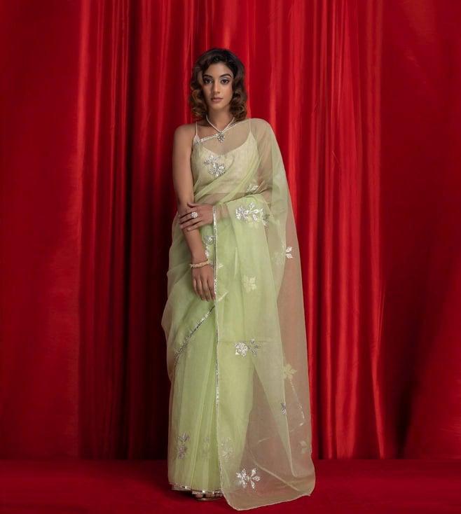 geroo jaipur pastel green handcrafted gota patti organza saree