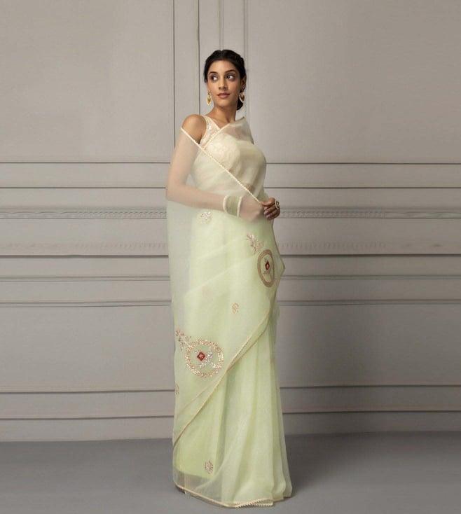 geroo jaipur pastel green handcrafted gota patti organza saree