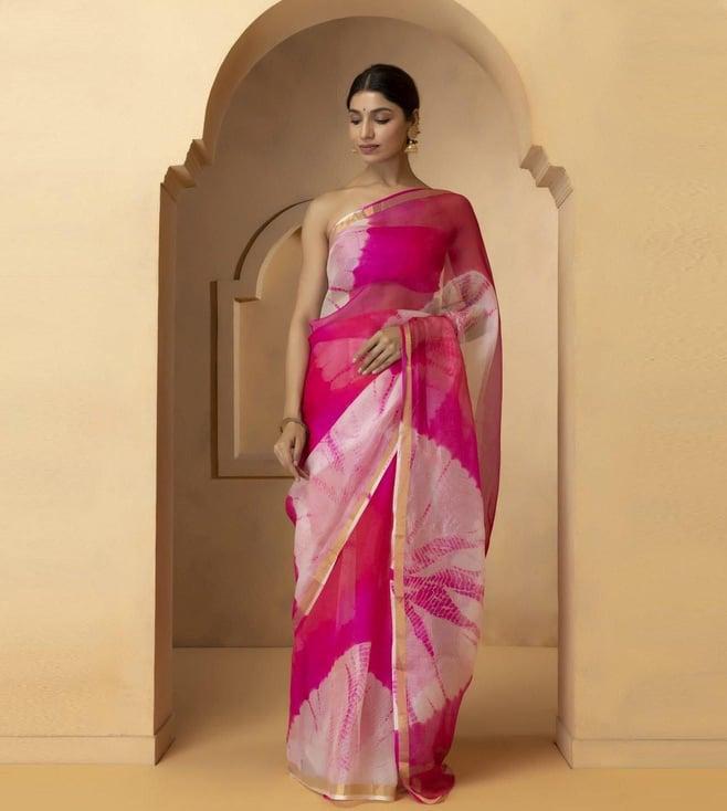 geroo jaipur pink & white handcrafted shibori pure kota silk saree