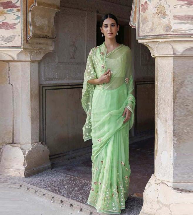 geroo jaipur green hand embroidered gota patti chiffon saree