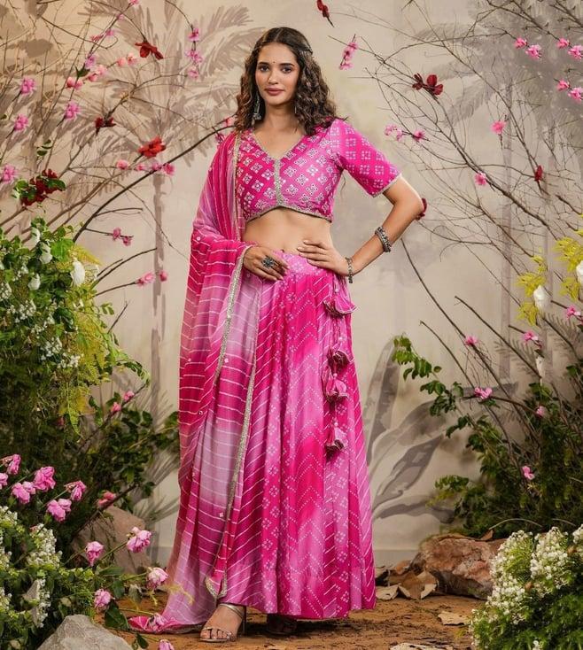 everbloom pink sagun bandhej lehenga with blouse and dupatta